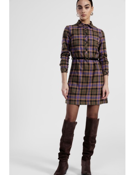 Robe courte à carreaux avec ceinture et manches longues Dixie