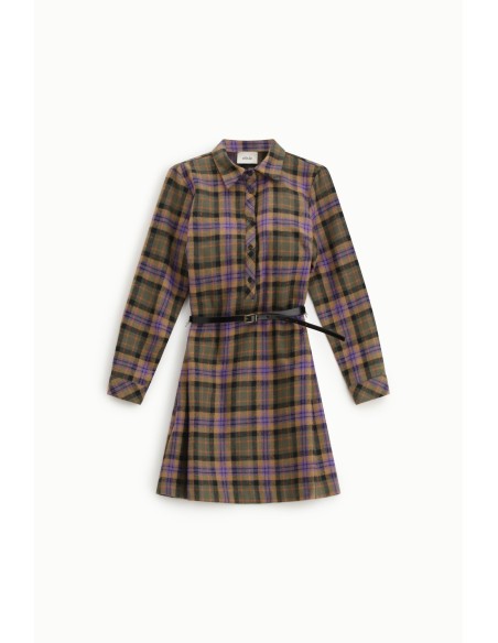 Robe courte à carreaux avec ceinture et manches longues Dixie