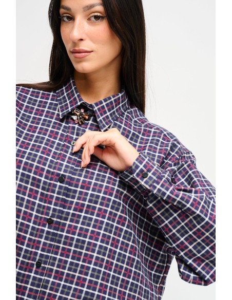 Maryley - Chemise à carreaux avec broche ornée de bijoux