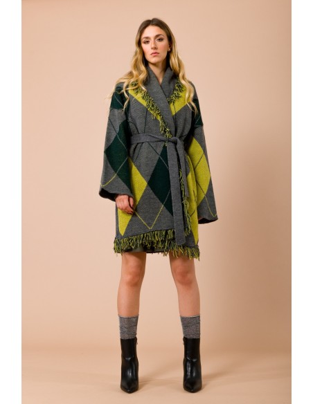 Cardigan à franges. Bande de taille et motif argyle Maryley