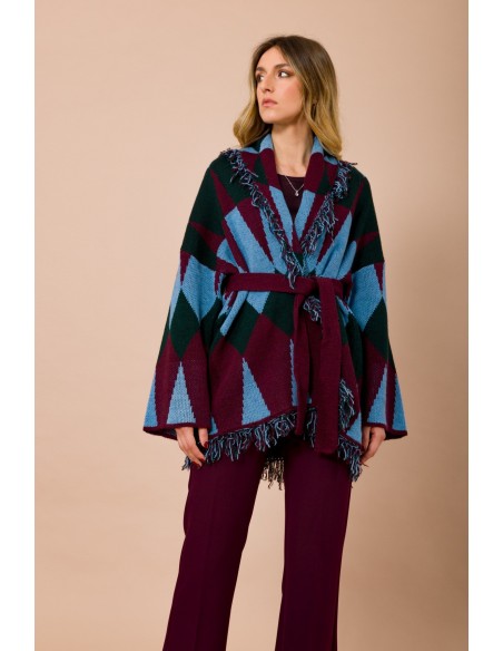 Cardigan court avec franges et ceinture en jacquard Maryley