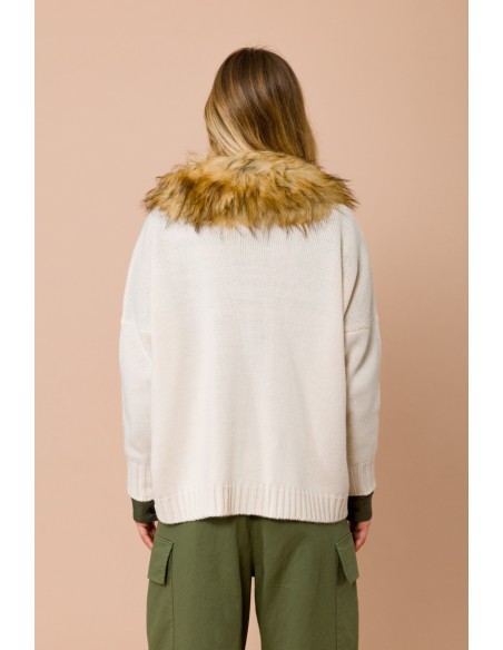 Maryley - Cardigan à col en V en fausse fourrure détachable