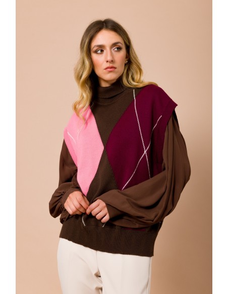 Gilet oversize à col montant et motif argyle Maryley