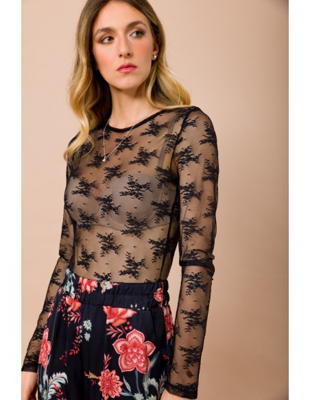 Kanten blouse met ronde hals, slim fit, lange mouwen Maryley