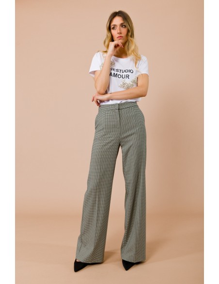 Pantalon palazzo Pied De Poule avec dos élastiqué et poches françaises Maryley