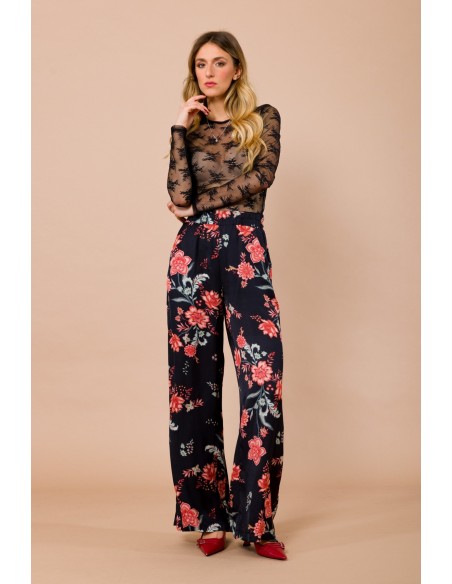 Rechte broek met elastische taille van viscosesatijn met fantasieprint Maryley
