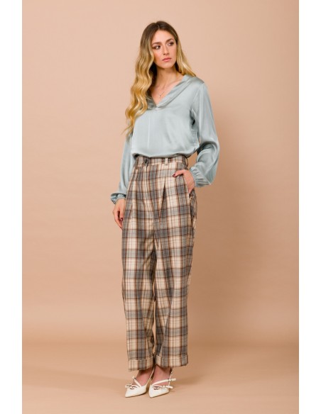 Pantalon à carreaux avec revers et poches plaquées dans le dos Maryley