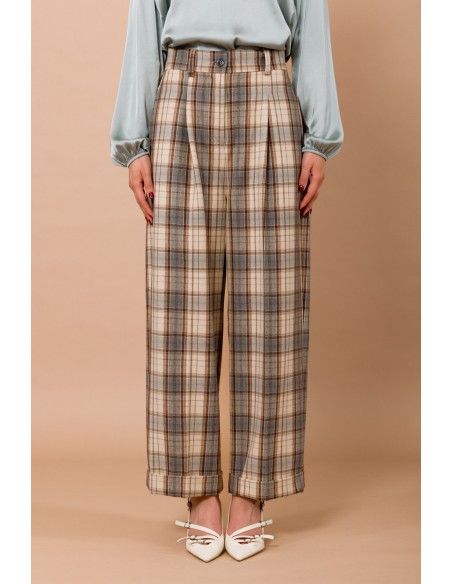 Pantalon à carreaux avec revers et poches plaquées dans le dos Maryley