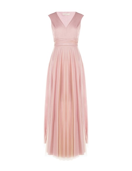 Robe longue avec encolure en V recouverte de tulle pailleté Rinascimento