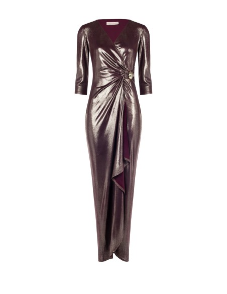 Robe longue drapée en satin, ornée d'un bijou et décolletée en V Rinascimento