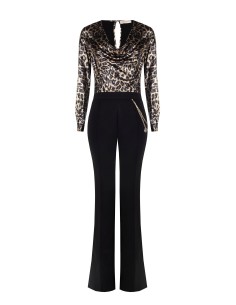 Wijde jumpsuit van glitterfluweel met dubbele V-hals en zakken – Rinascimento