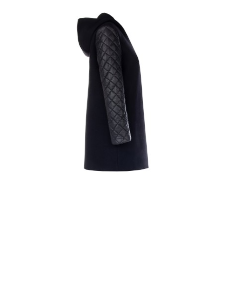 Manteau mi-long en laine mélangée avec capuche et manches matelassées en similicuir Rinascimento