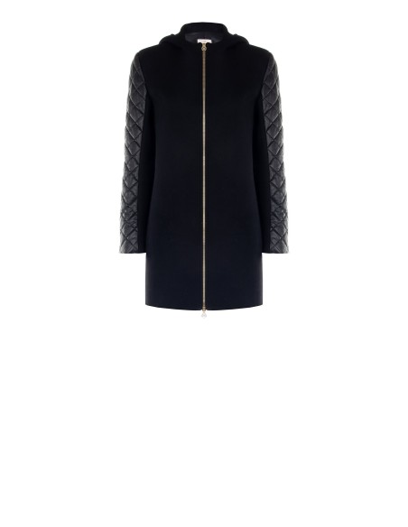 Manteau mi-long en laine mélangée avec capuche et manches matelassées en similicuir Rinascimento