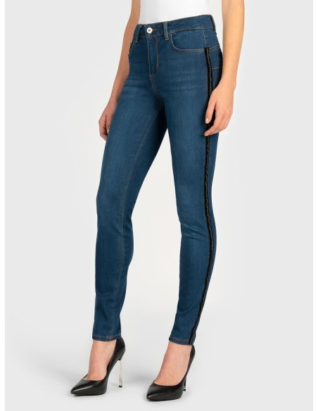 Denim taille haute avec cristaux sur la bande latérale