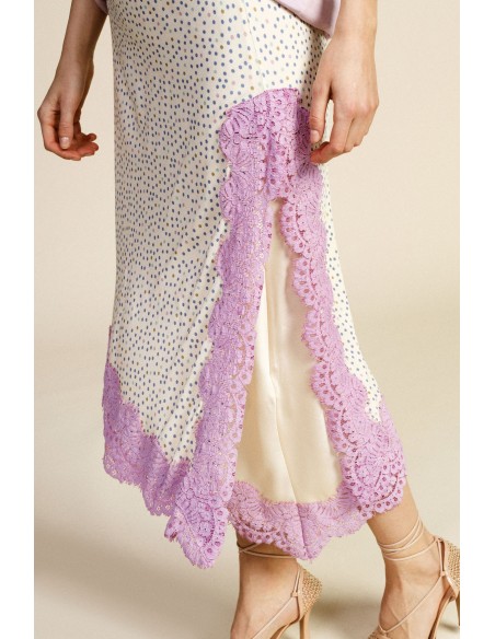 Jupe midi imprimée à pois avec bordure en dentelle Dixie