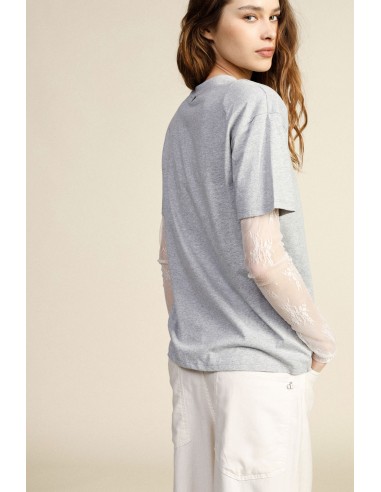 T-shirt à col rond et manches longues en tulle brodé Dixie