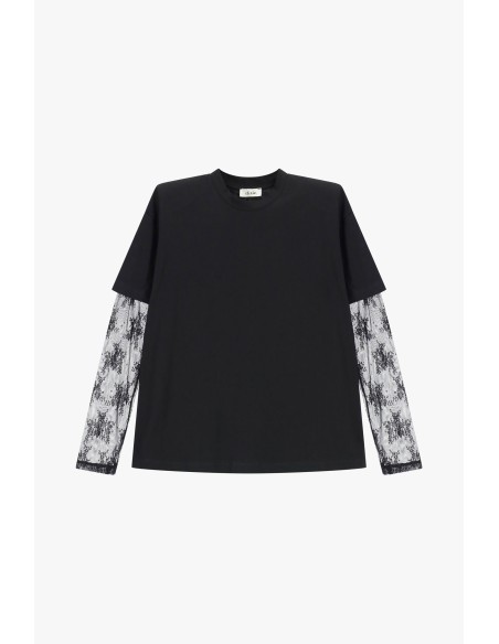 T-shirt à col rond et manches longues en tulle brodé Dixie