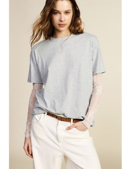 T-shirt à col rond et manches longues en tulle brodé Dixie