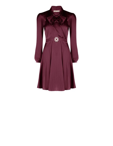 Robe courte évasée en satin avec ceinture rigide à logo et nœud au col Rinascimento
