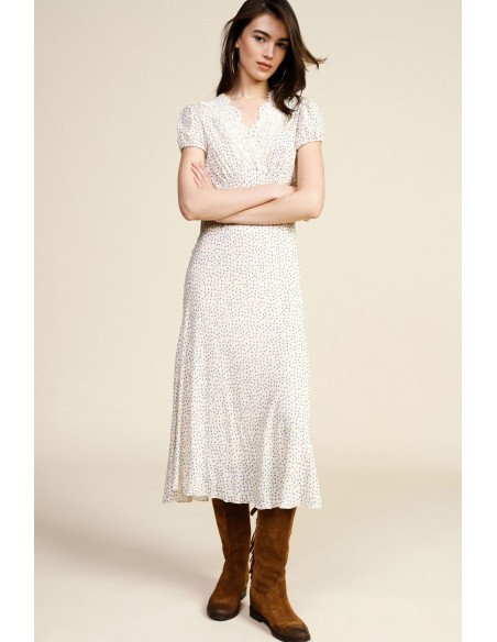 Robe longue imprimée à micro-pois, décolleté en V, Dixie
