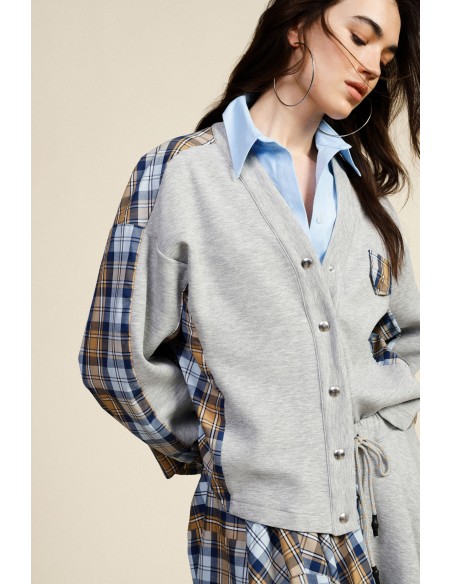 Sweat-shirt sans capuche avec empiècements à carreaux et boutons Dixie