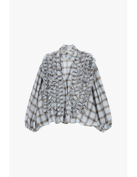 Dixie geruite blouse met wijde mouwen en ruches aan de voorkant