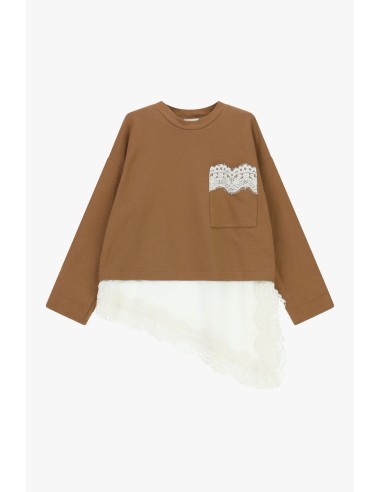 T-shirt à manches longues avec poche et bordure en dentelle Dixie
