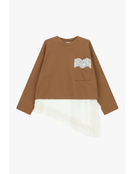 T-shirt à manches longues avec poche et bordure en dentelle Dixie