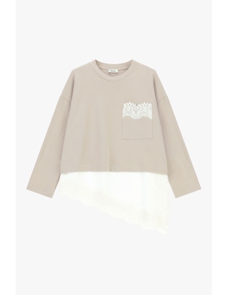 T-shirt à manches longues avec poche et bordure en dentelle Dixie