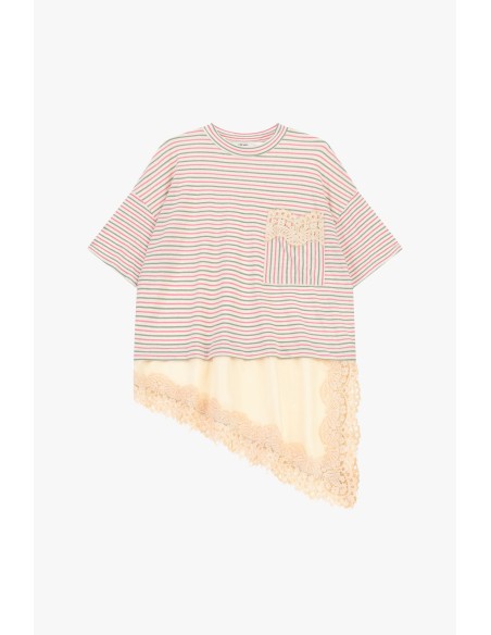 Gestreept T-shirt met kanten details en asymmetrische zoom Dixie