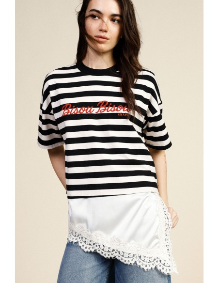 T-shirt rayé avec inscription et bord asymétrique Dixie