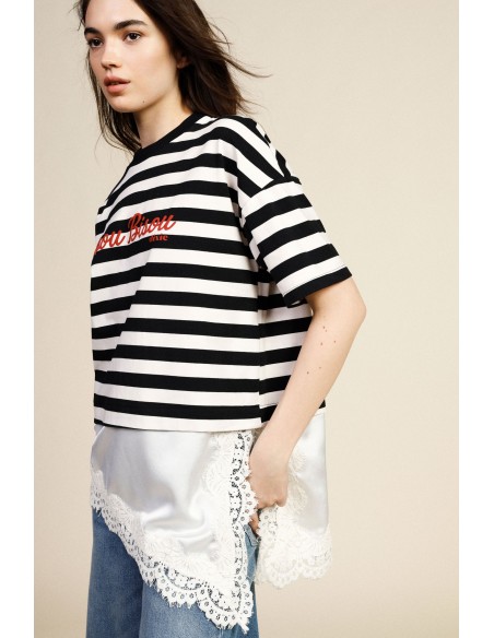 Gestreept T-shirt met opschrift en asymmetrische zoom Dixie