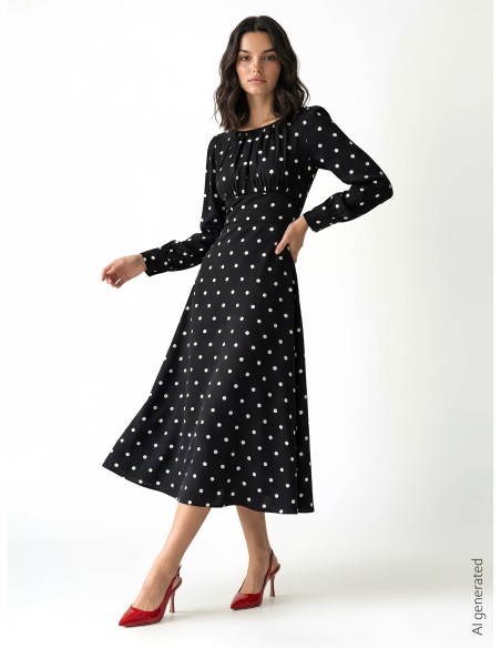 Robe midi à pois en satin avec encolure piquée Rinascimento