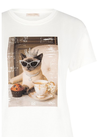Regular T-shirt van katoen met kattenprint en strass-steentjes van Rinascimento
