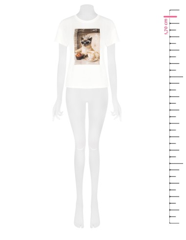 T-Shirt régulier en coton avec imprimé chat et strass Rinascimento