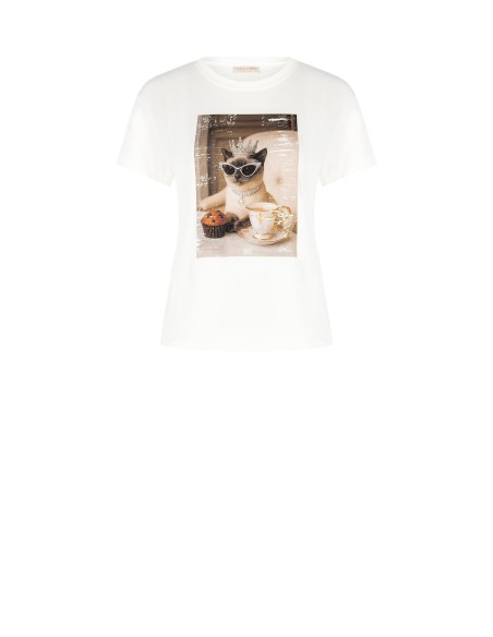 T-Shirt régulier en coton avec imprimé chat et strass Rinascimento