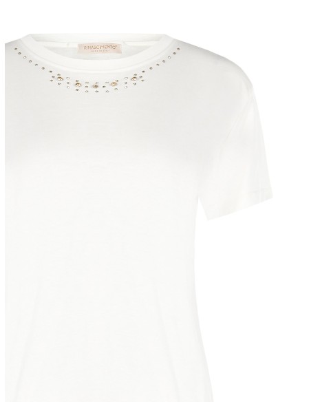 T-Shirt régulier en coton avec strass à l'encolure ras du cou Rinascimento