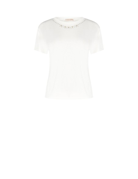 T-Shirt régulier en coton avec strass à l'encolure ras du cou Rinascimento