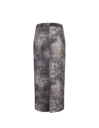 Jupe crayon longue en denim délavé et imprimé de fleurs Rinascimento