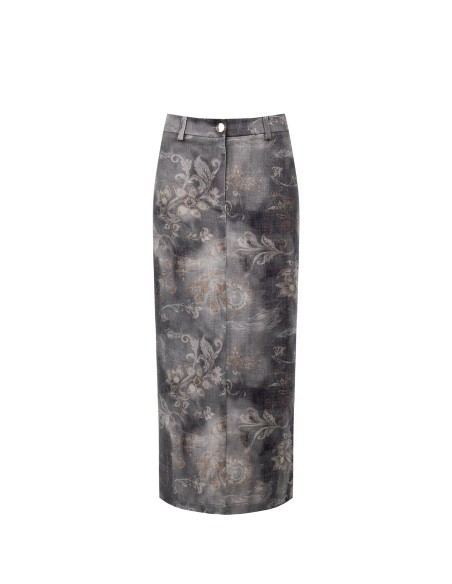 Lange kokerrok van gewassen denim met bloemenprint Rinascimento