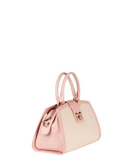 Canvas Hand Bag With Leatherette Trim And Removable Shoulder Strap Rinascimento