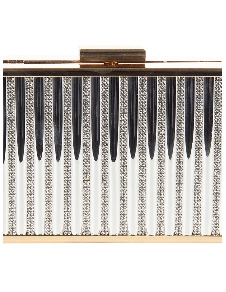 Harde metallic clutch met strepen van strass en een ketting als schouderriem binnenin – Rinascimento