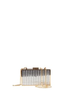 Harde metallic clutch met strepen van strass en een ketting als schouderriem binnenin – Rinascimento