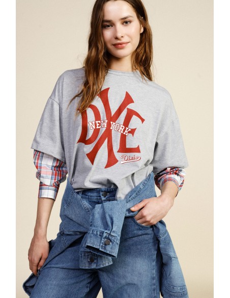 T-shirt à manches longues avec imprimé New York et détails à carreaux Dixie