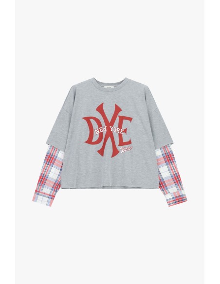 T-shirt à manches longues avec imprimé New York et détails à carreaux Dixie