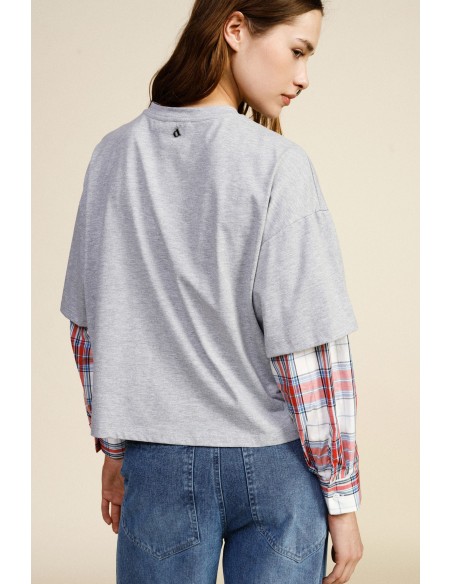 T-shirt à manches longues avec imprimé New York et détails à carreaux Dixie
