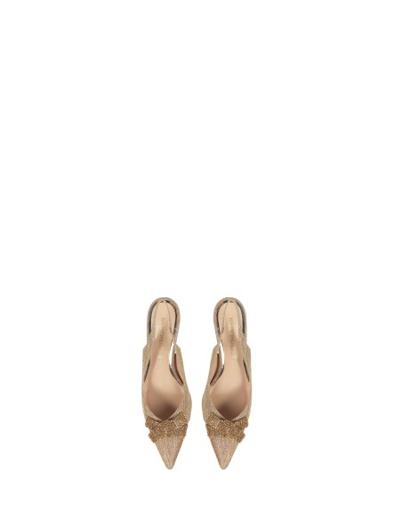 Glittereffect décolleté-slingback met kittenhak en strik van strass-steentjes Rinascimento