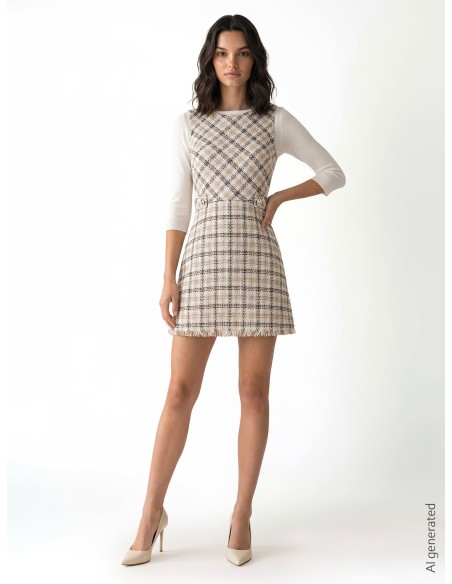 Robe courte trapèze en tweed avec boutons logo RR et bas effiloché Rinascimento