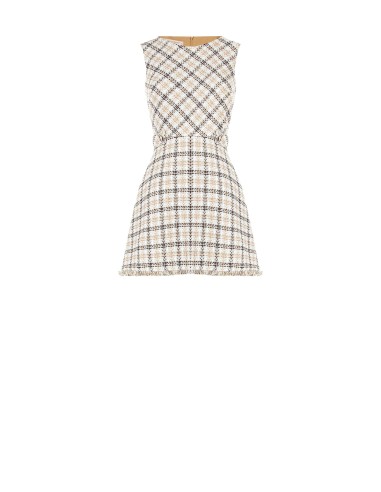 Korte trapeziumjurk van tweed met RR-logoknopen en rafelige zoom van Rinascimento