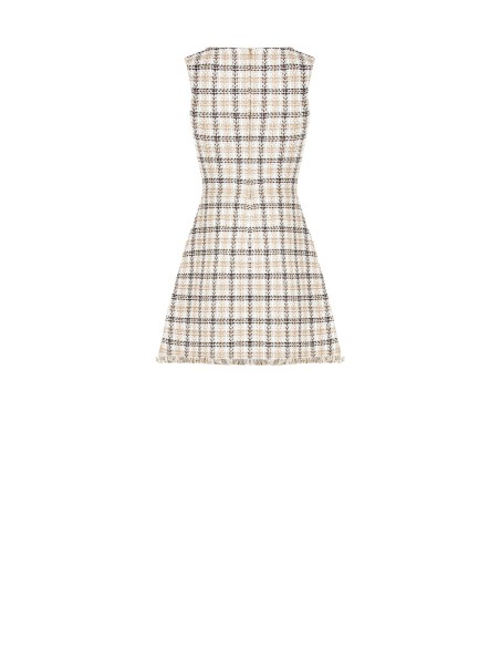 Korte trapeziumjurk van tweed met RR-logoknopen en rafelige zoom van Rinascimento